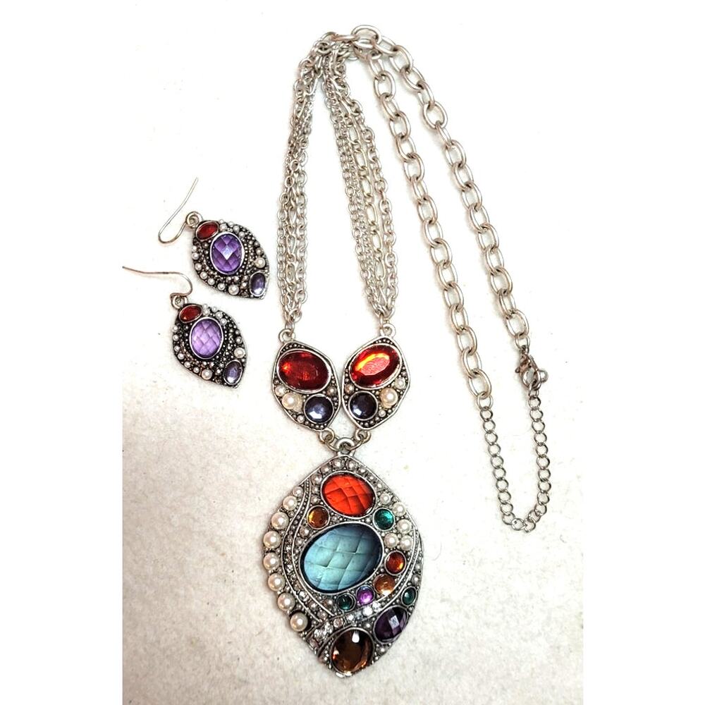 Vtg Style Statement Necklace & Earrings Set Red Blue Purple Rhinestone Silver